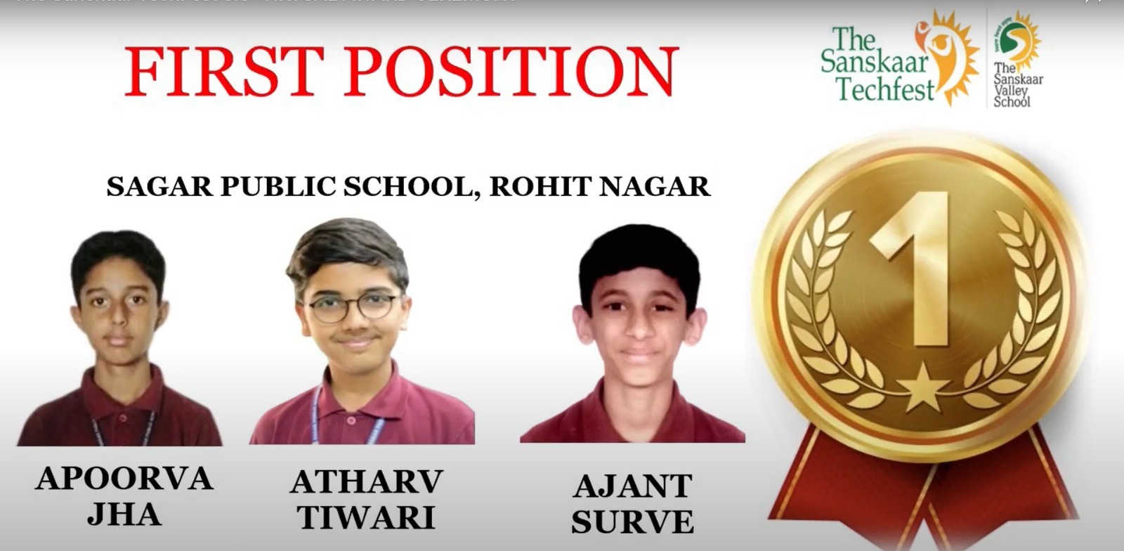 Apoorva Jha(10D),Atharv Tiwari(10D),Ajant Surve(9B) won first prize in Quiz at Sanskaar Tech Fest8.0